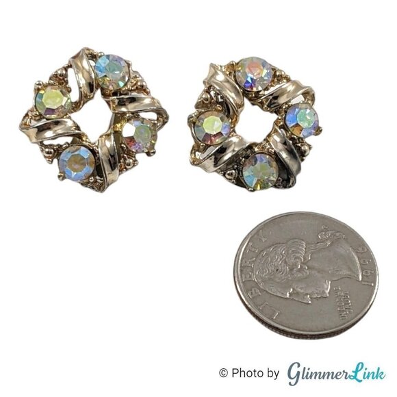 Vintage AB Aurora Borealis Circular Wreath Gold Tone Clip On Earrings - Picture 4 of 8